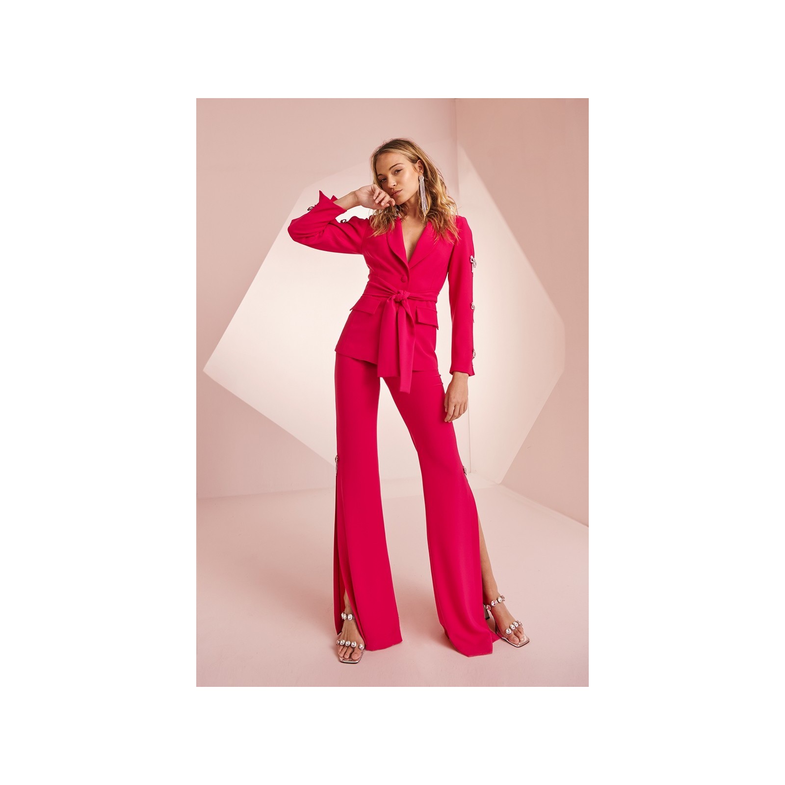 Pantalón Palazzo crepe azul lavanda con lazo joya Helen