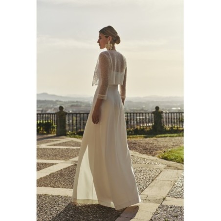 vestido largo de fiesta lencero de crepe blanco con escote en la espalda