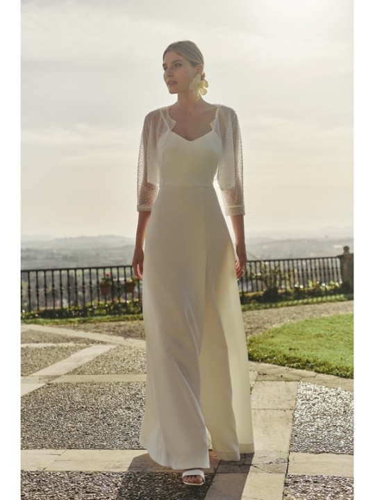 vestido largo de fiesta lencero de crepe blanco con escote en la espalda