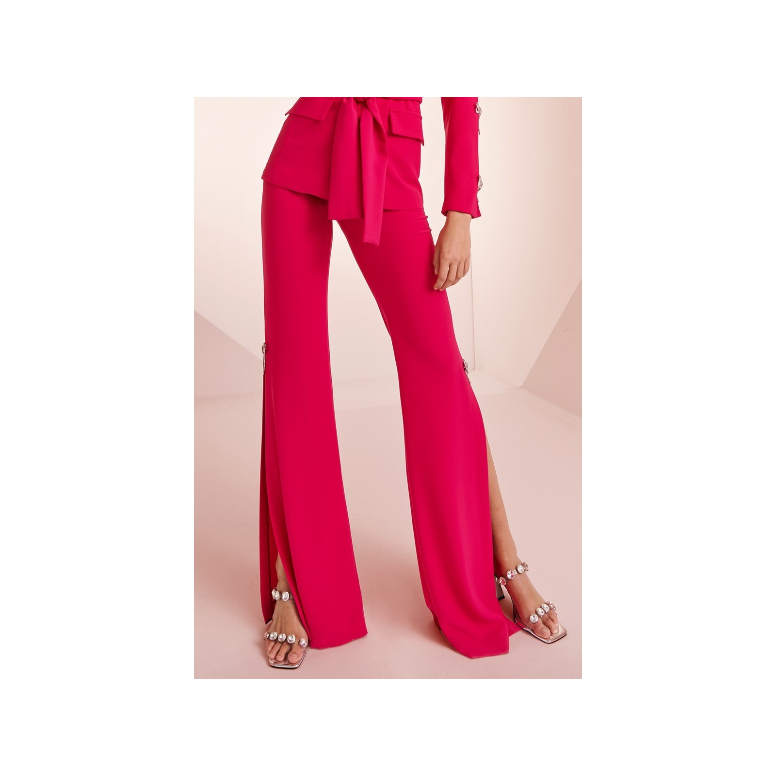 Pantalón Palazzo crepe rosa fucsia con lazo joya Helen