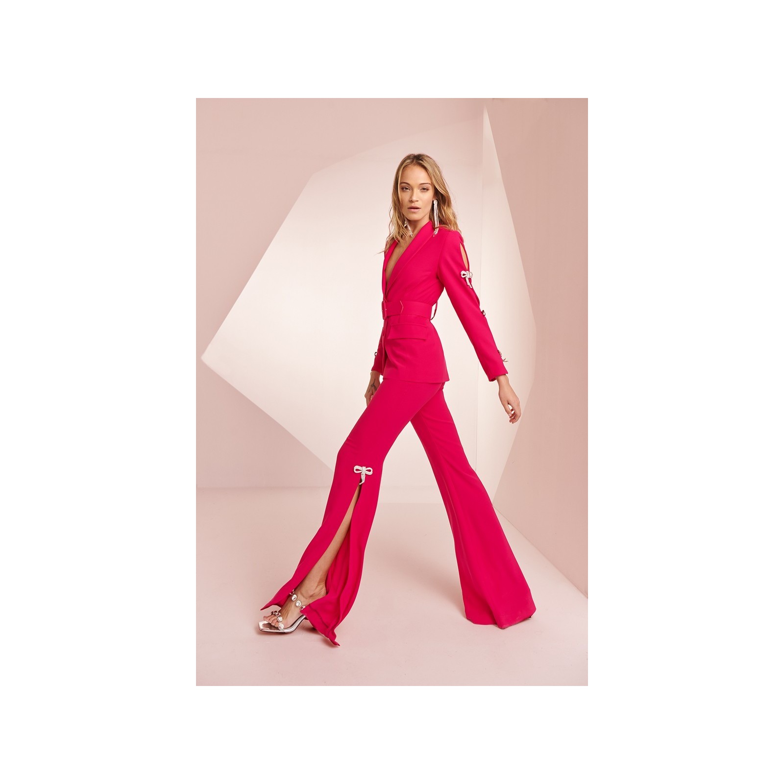 Pantalón Palazzo crepe rosa fucsia con lazo joya Helen