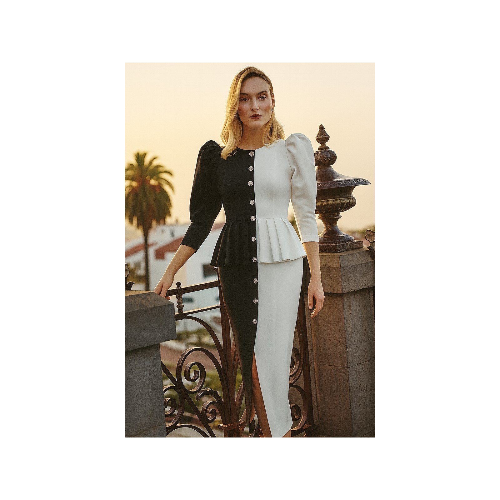 vestido midi de crepe blanco  y negro con peplum manga abullonada