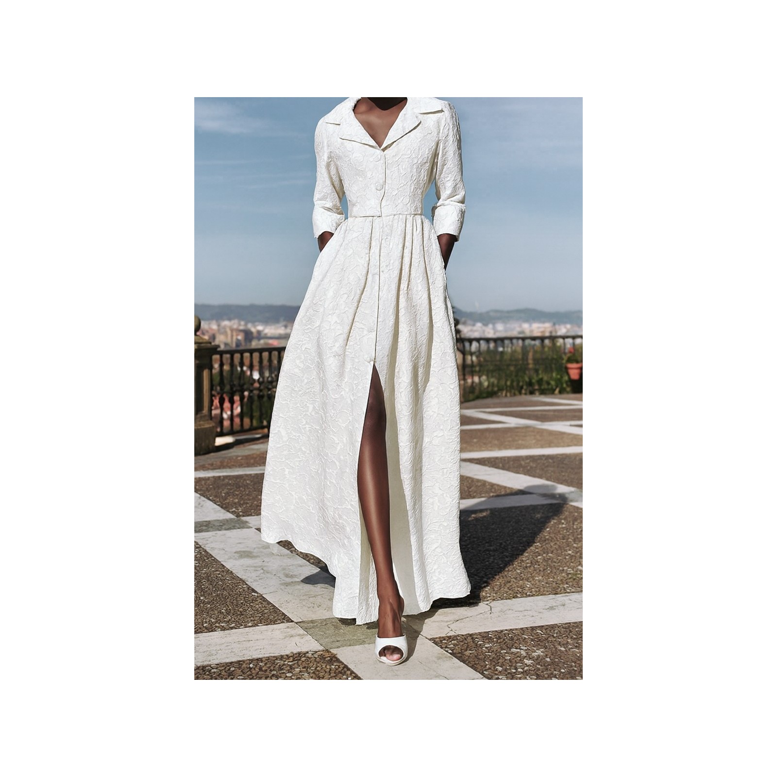 Vestido largo camisero en tejido brocado blanco
