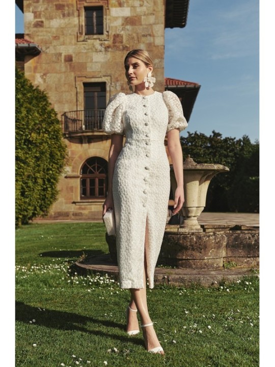 Vestido manga globo recto tul margaritas blanco