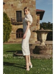 Vestido manga globo recto tul margaritas blanco