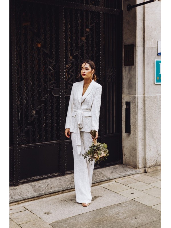 Traje chaqueta y pantalon de lentejuelas blanco para fiesta