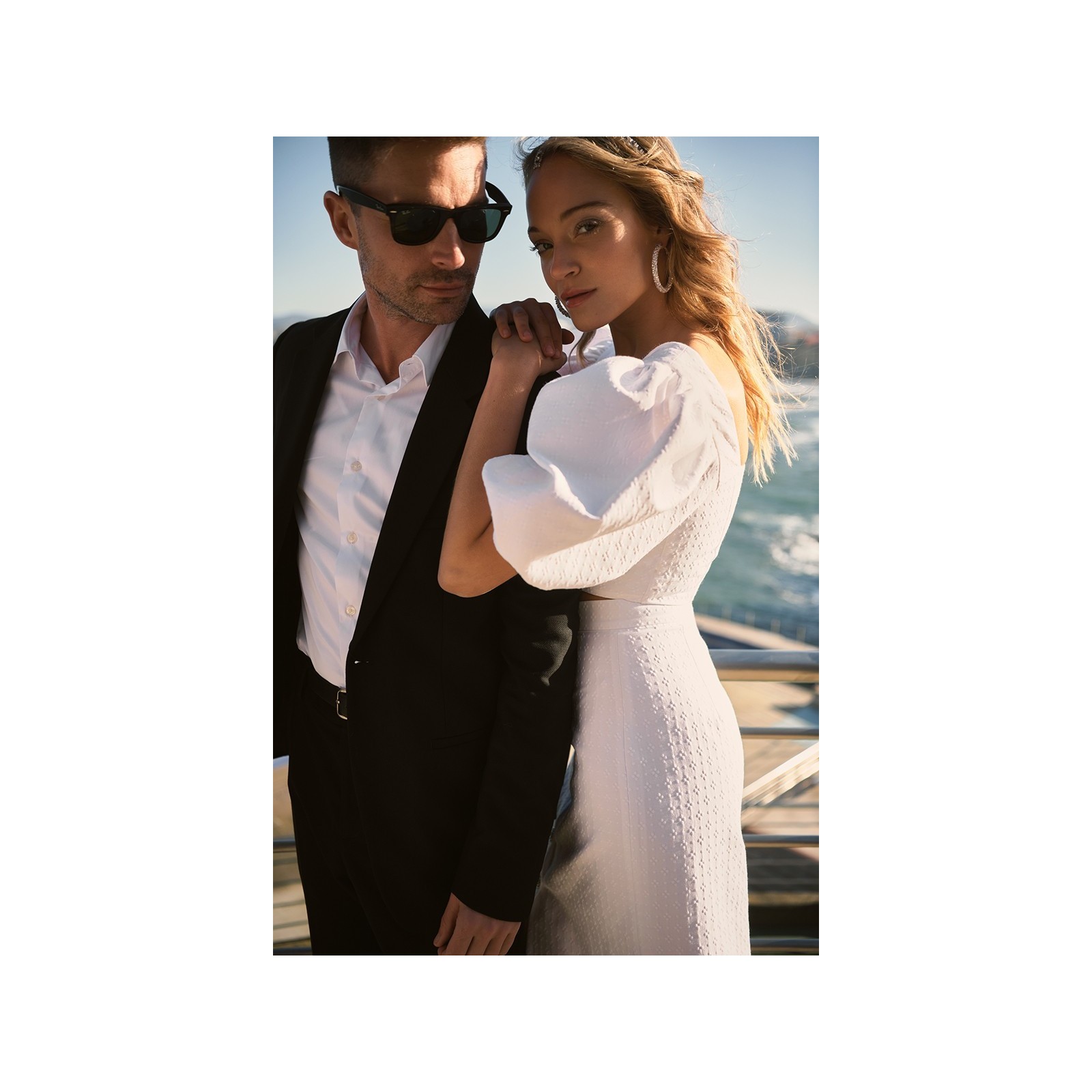 Falda de jacquard blanco con botones joya Rosalie