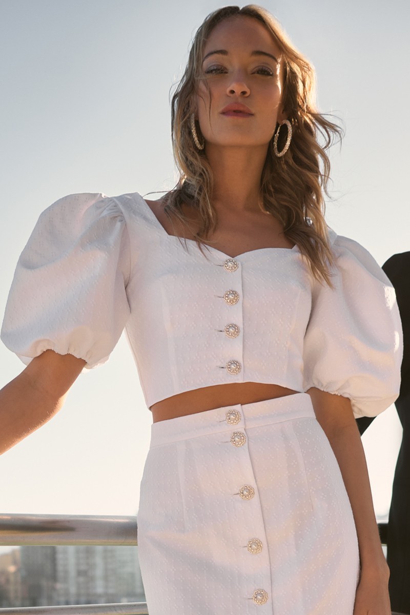 Top manga abullonada jacquard joya blanco Rosalie