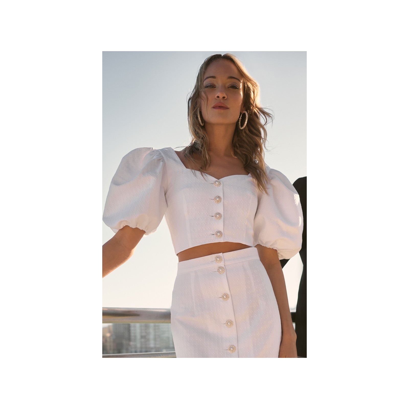 Top manga abullonada jacquard joya blanco Rosalie