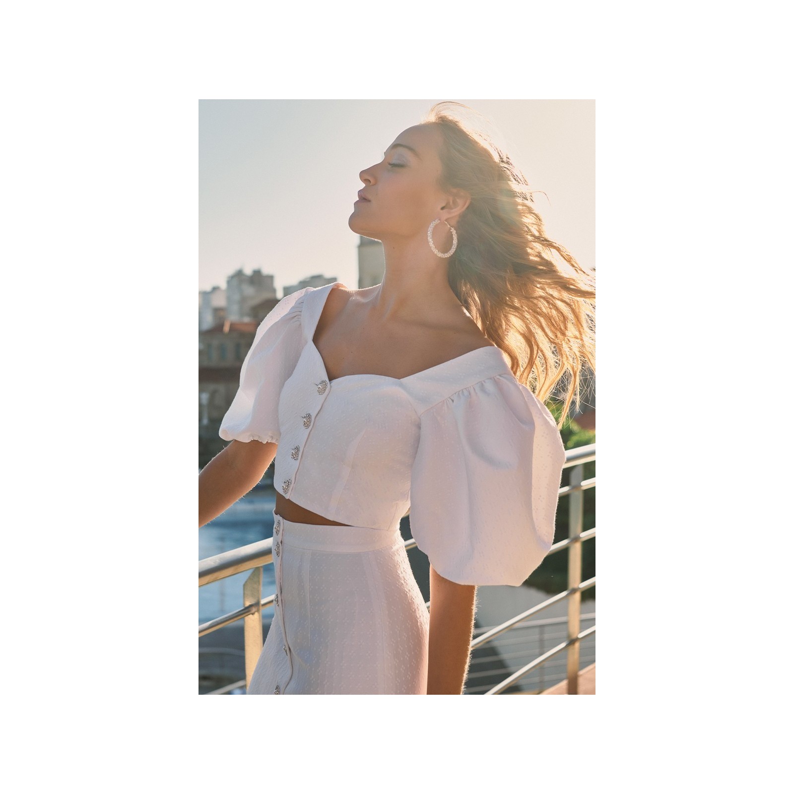 Top manga abullonada jacquard joya blanco Rosalie