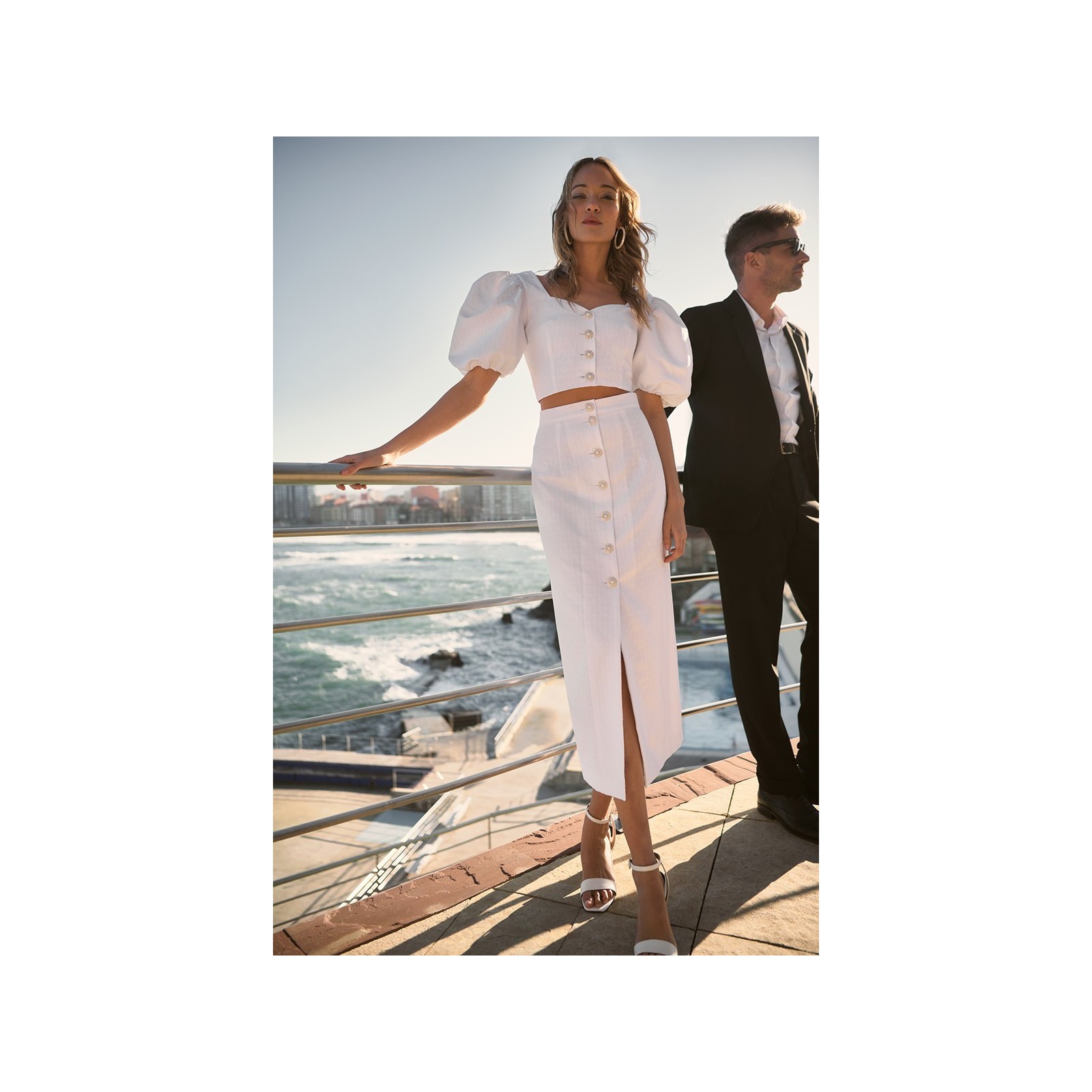 Top manga abullonada jacquard joya blanco Rosalie