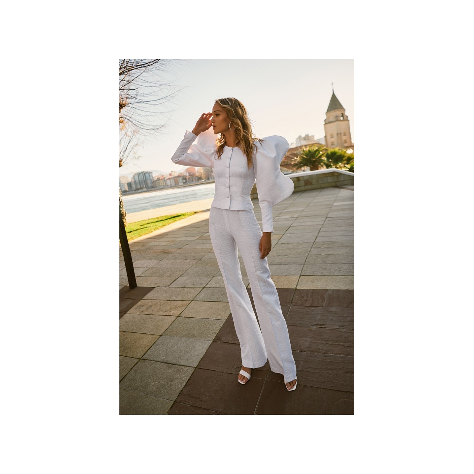 Pantalón Palazzo jacquard Blanco Léa