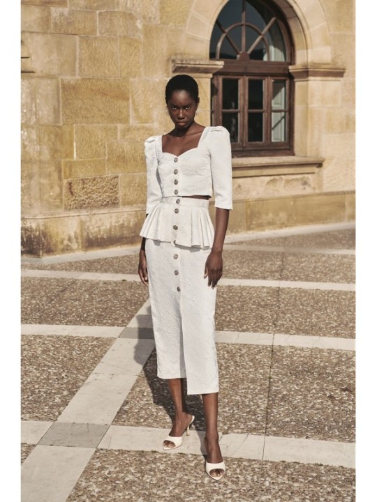 Falda brocada blanca midi joya con peplum