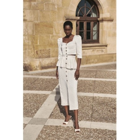 Falda brocada blanca midi joya con peplum