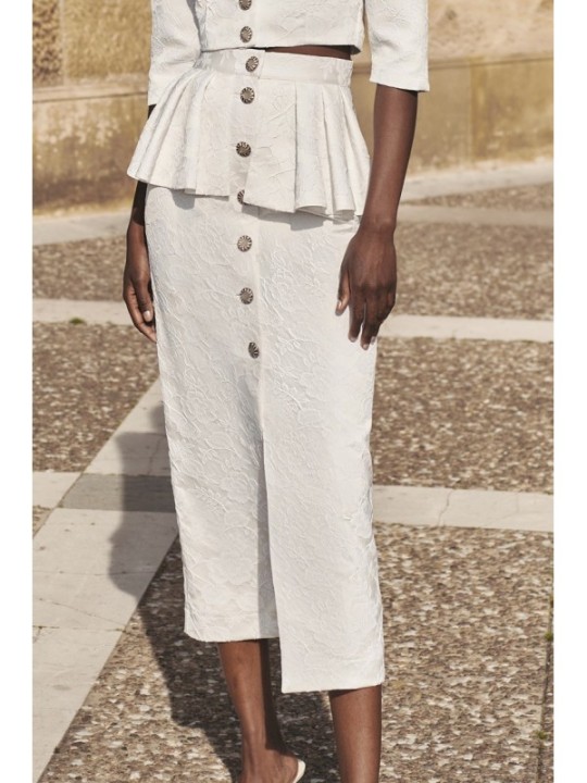 Falda brocada blanca midi joya con peplum