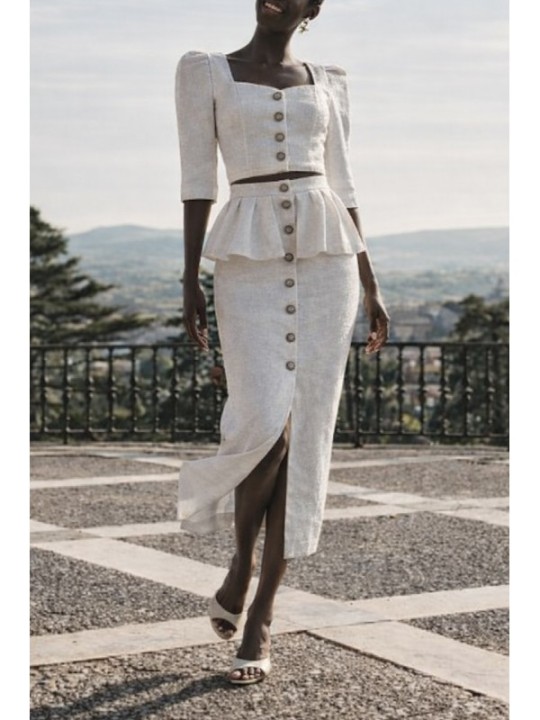 Falda brocada blanca midi joya con peplum