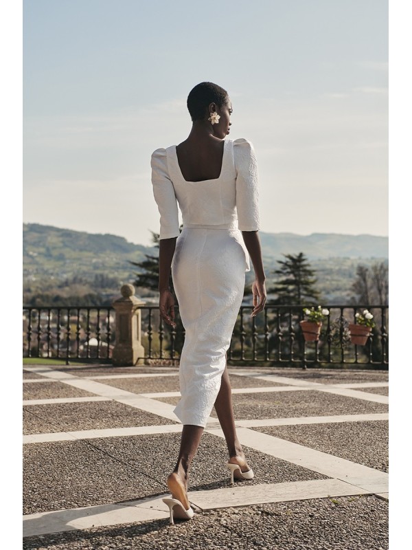 Top joya de jacquard brocado flores blanco escote corazon