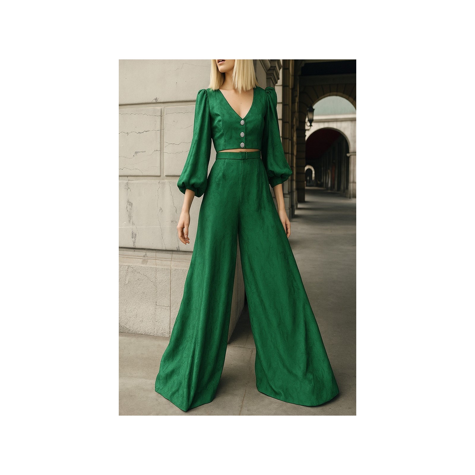 falda pantalon brocado verde invitada boda fiesta civil mama de