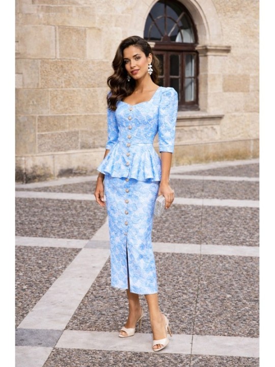 Vestido joya brocado azul con peplum Gala