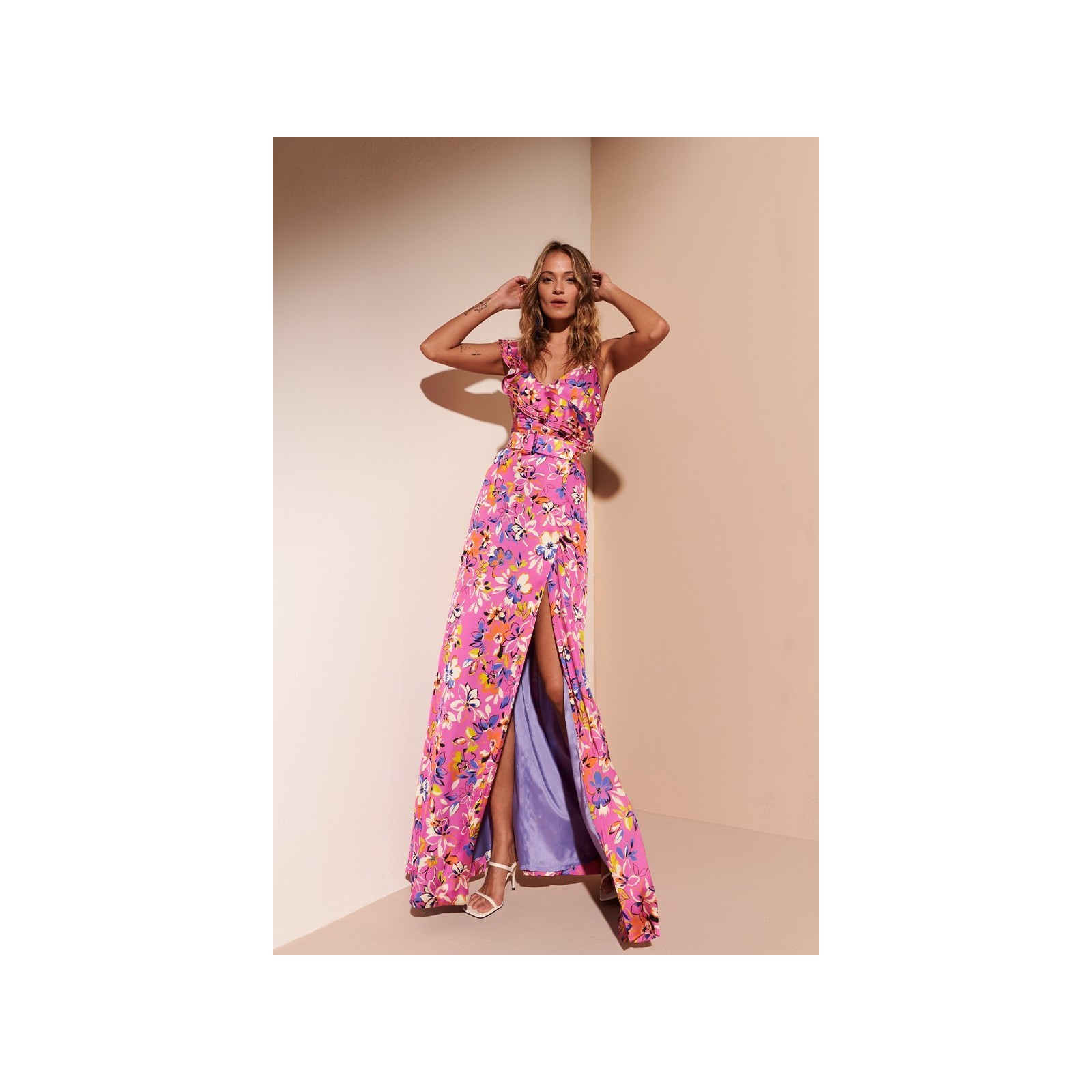 Vestido Largo con Volantes Rosa con estampado de flores Sienna