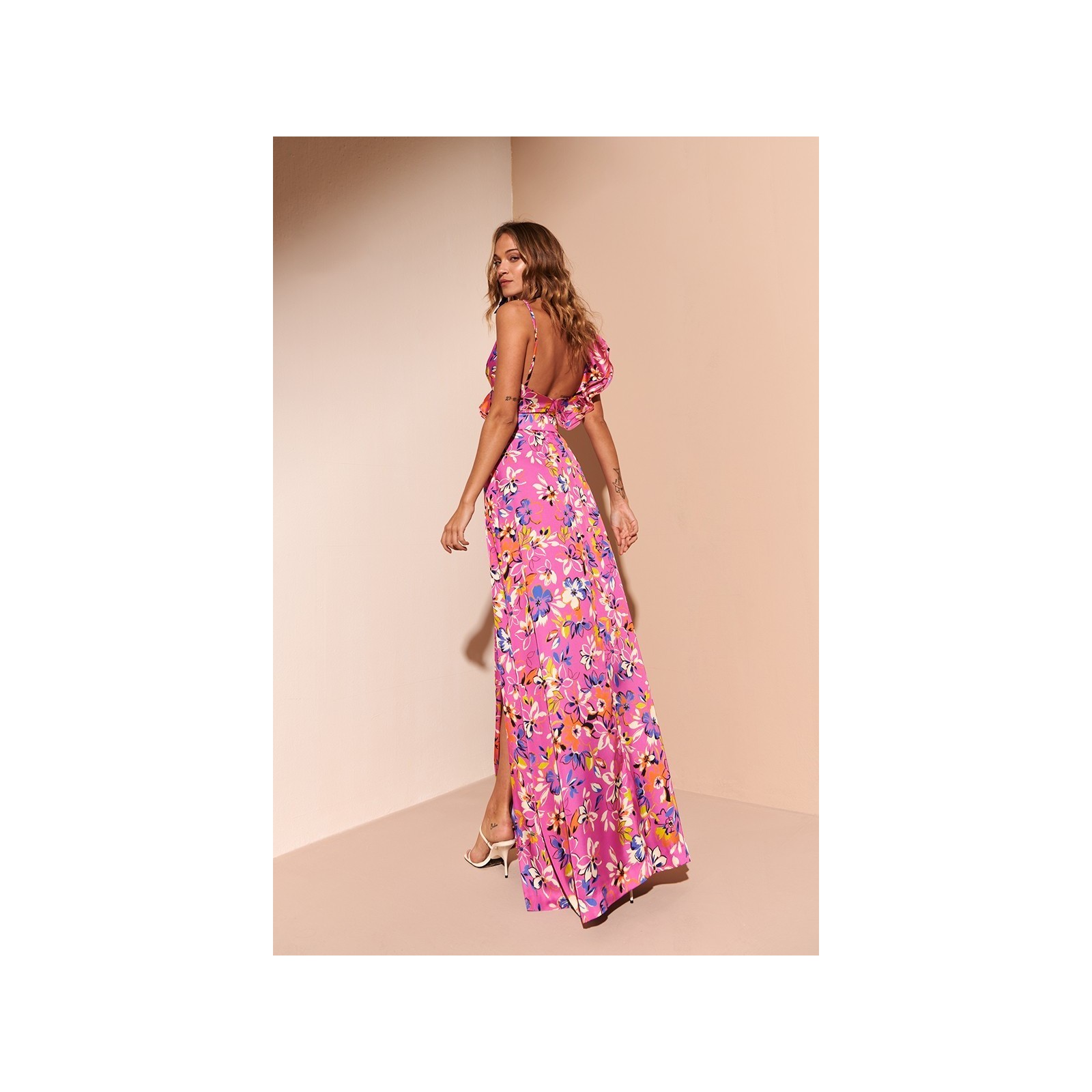 Vestido Largo con Volantes Rosa con estampado de flores Sienna