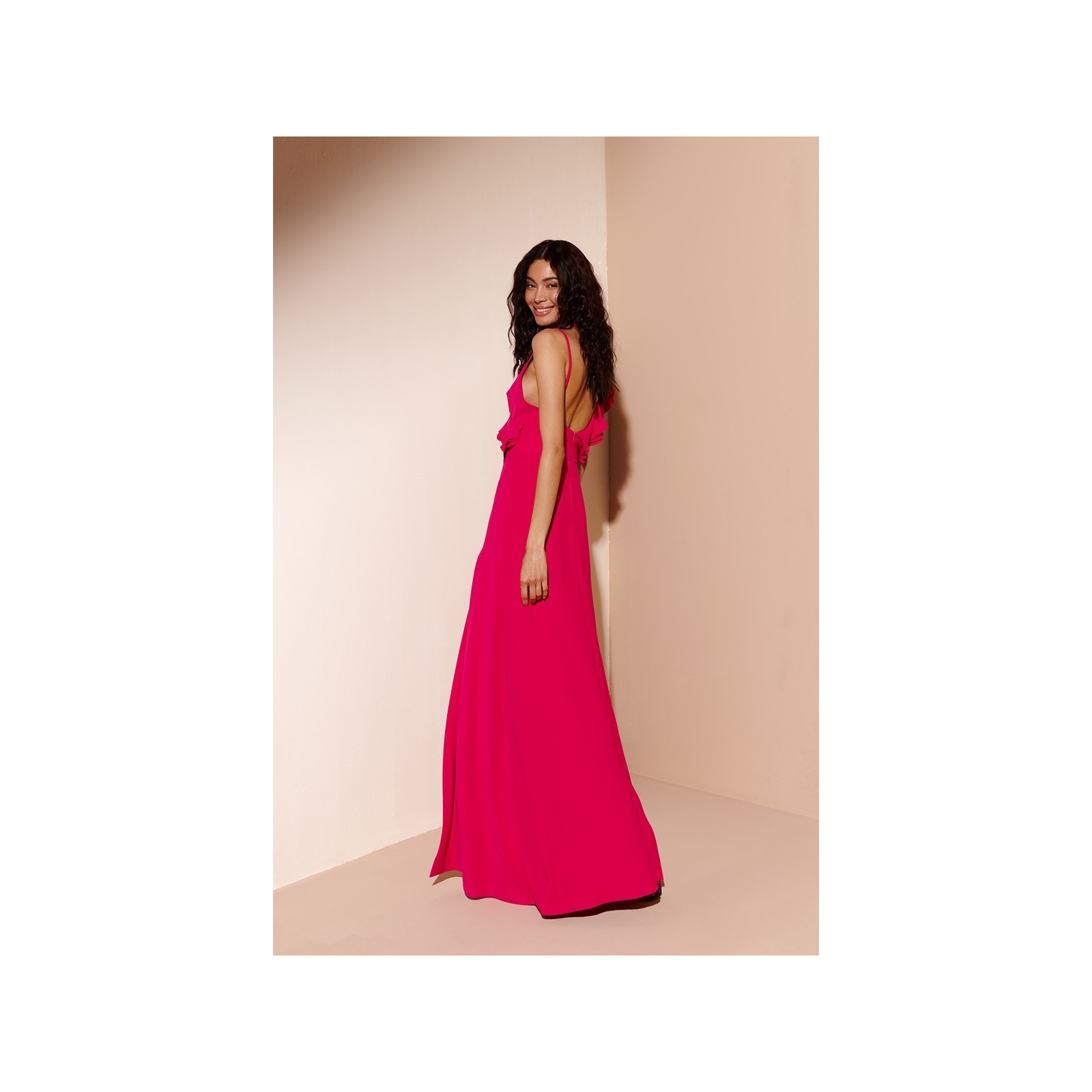 Vestido Largo con Volantes Rosa Fucsia Charlize