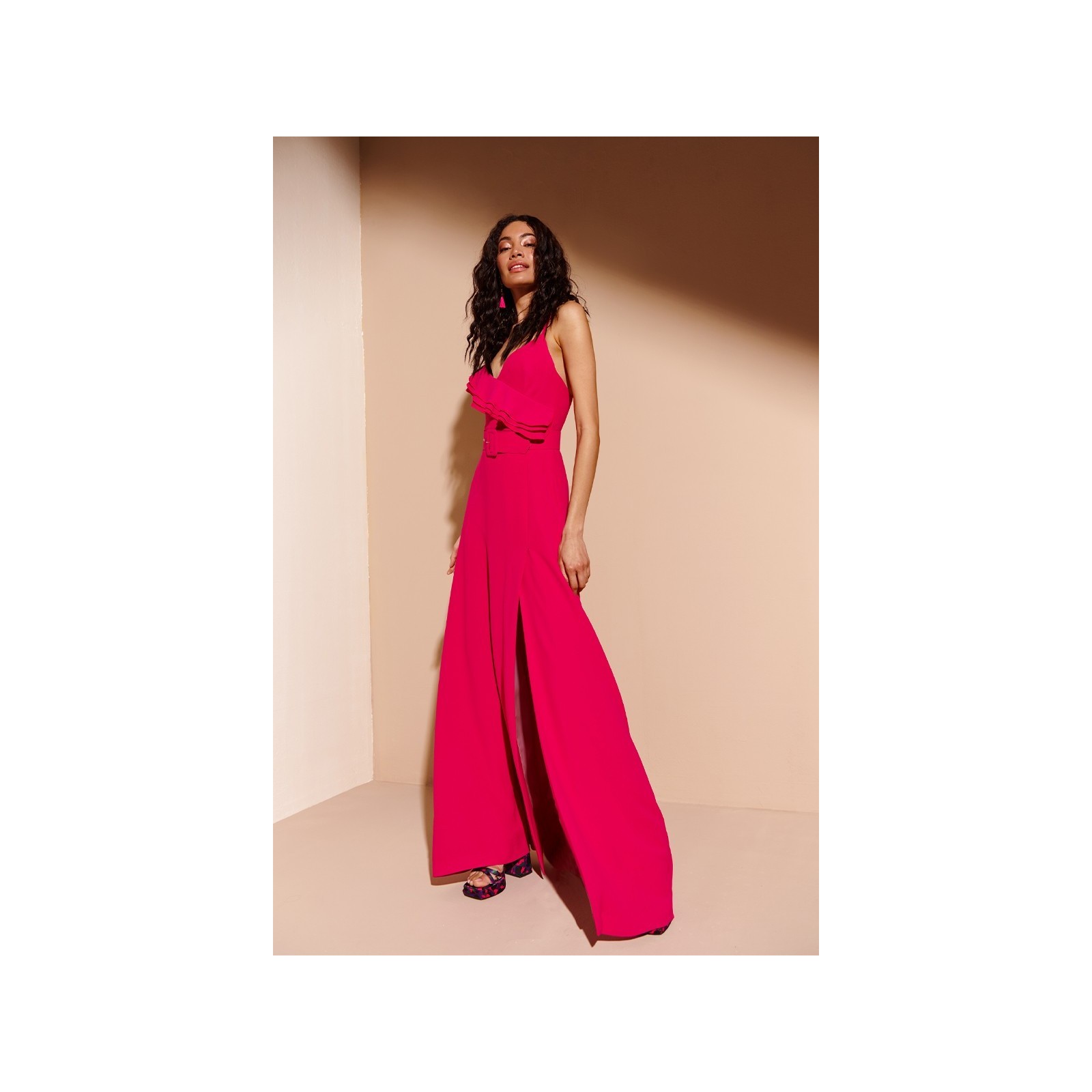 Vestido Largo con Volantes Rosa Fucsia Charlize