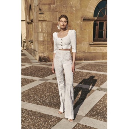 Pantalón Palazzo jacquard Blanco brocado flores novia