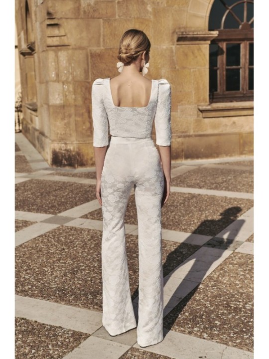 Pantalón Palazzo jacquard Blanco brocado flores novia