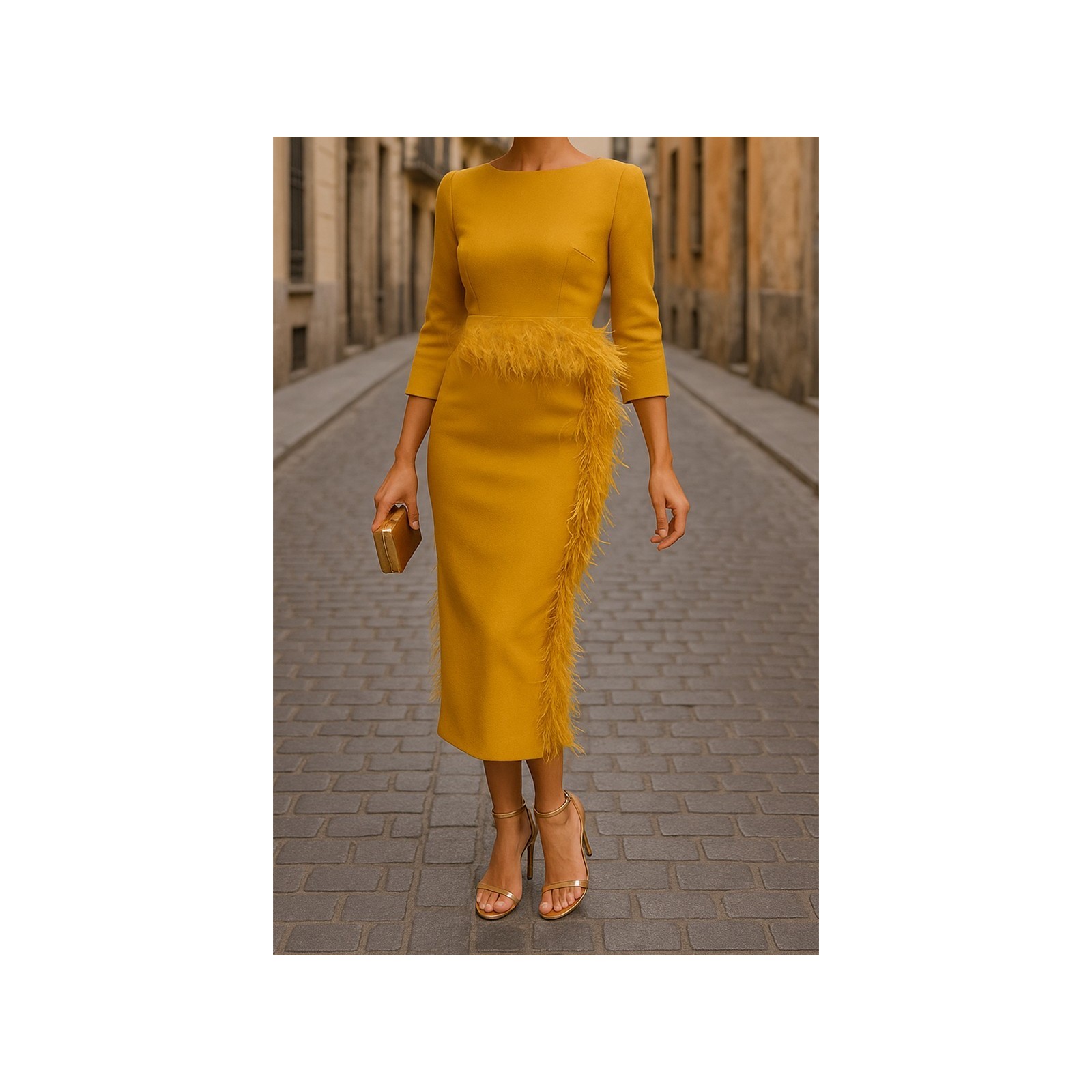 Vestido midi mostaza con manga larga y pluma en cintura y falda