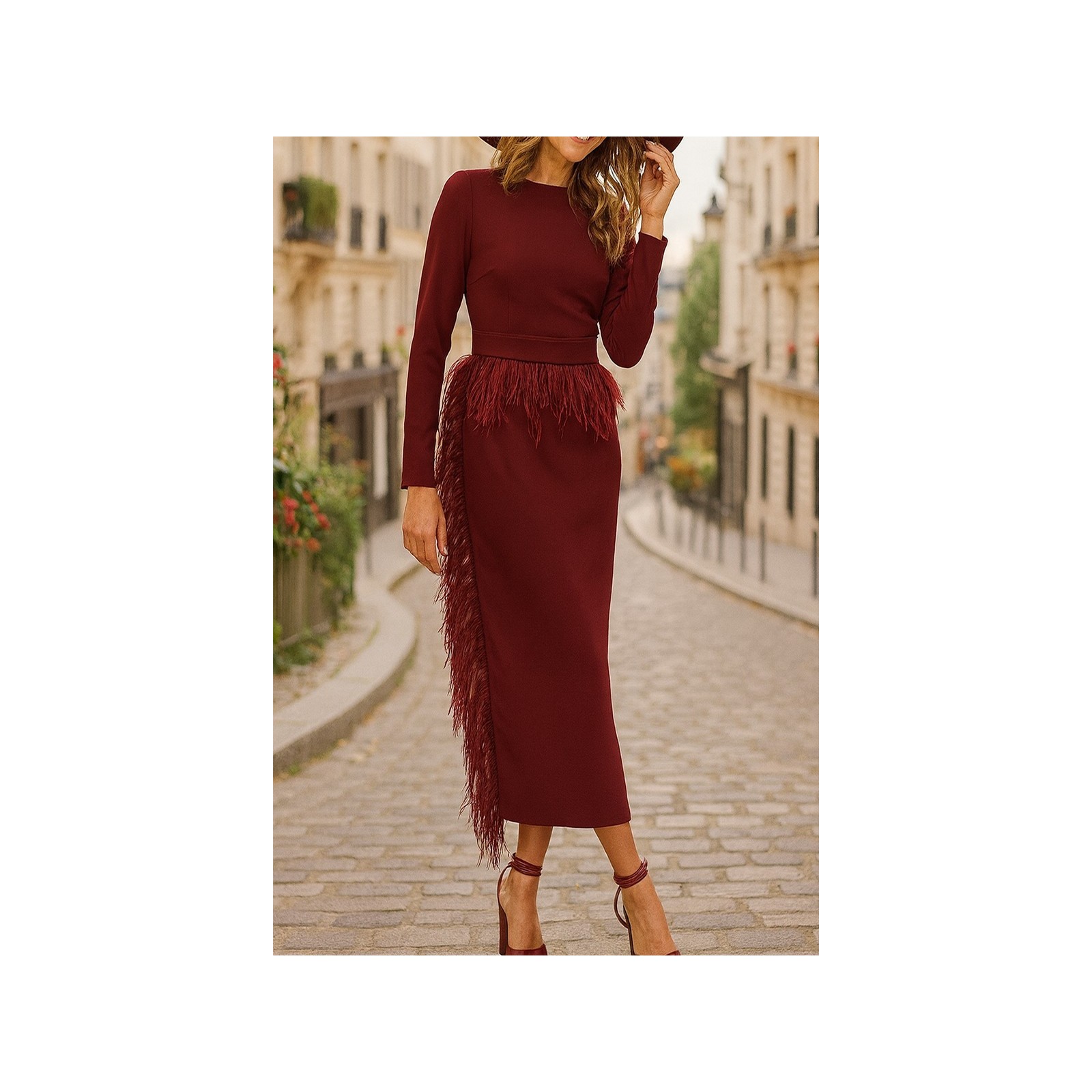 Vestido midi burdeos  con manga larga y pluma en cintura y falda