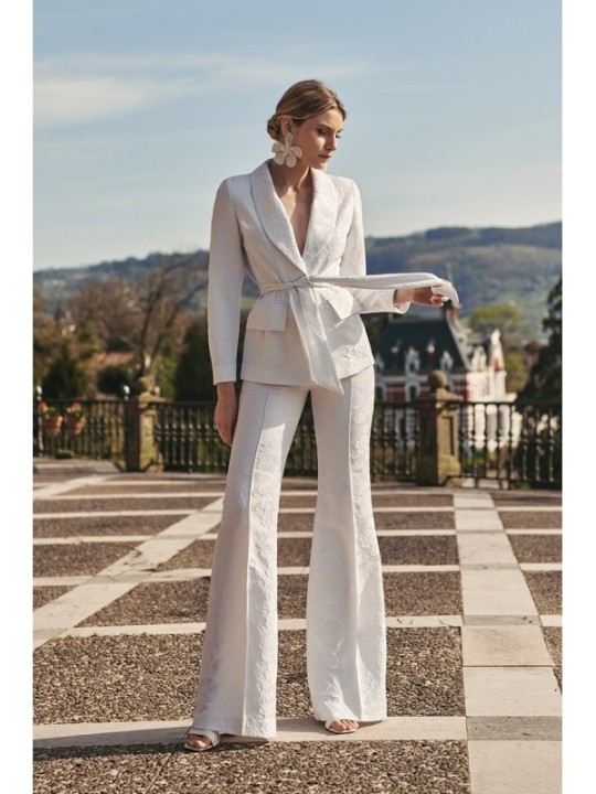 Pantalón Palazzo jacquard Blanco brocado flores novia