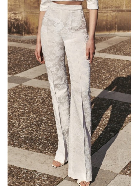 Pantalón Palazzo jacquard Blanco brocado flores novia