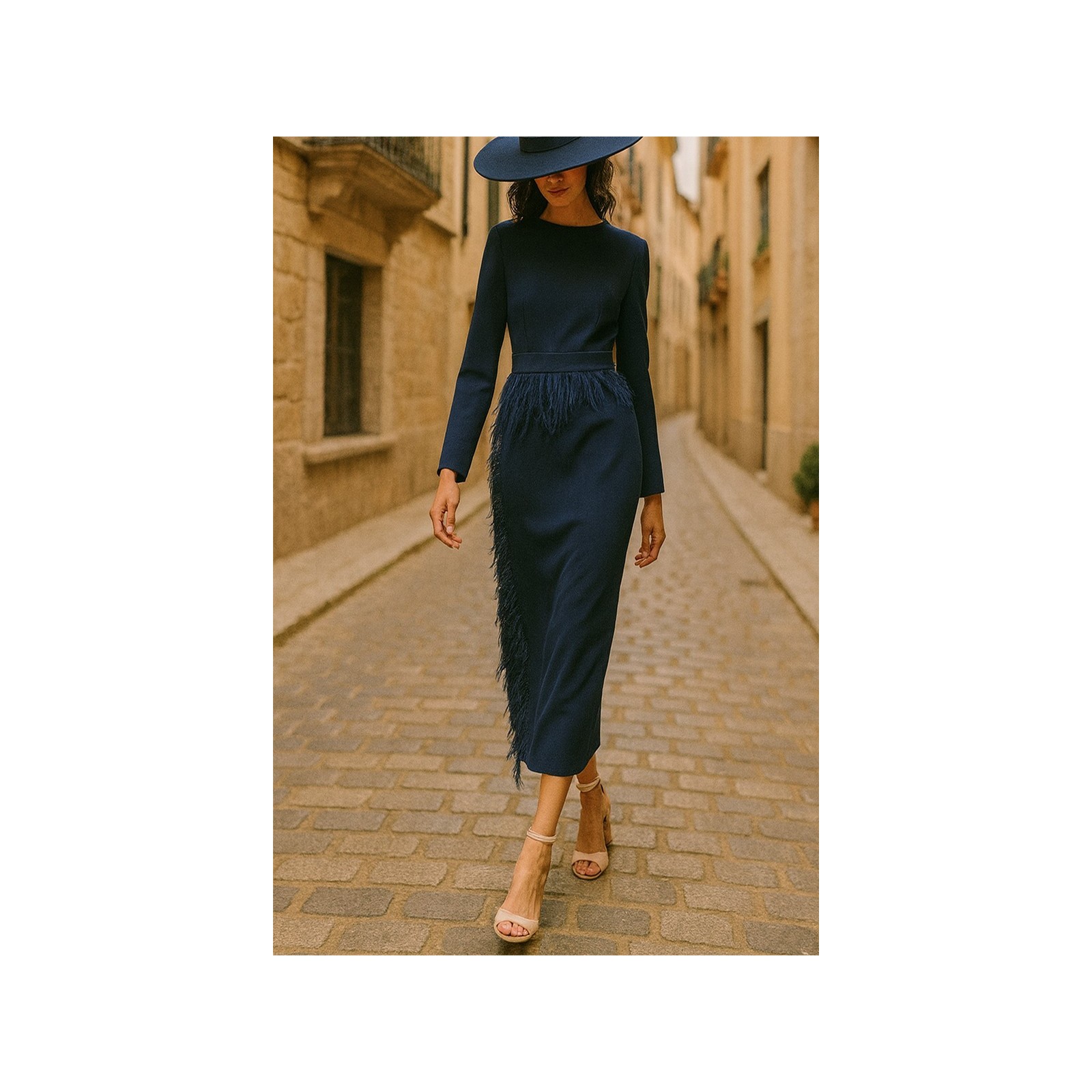 Vestido midi azul marino con manga larga y pluma en cintura y