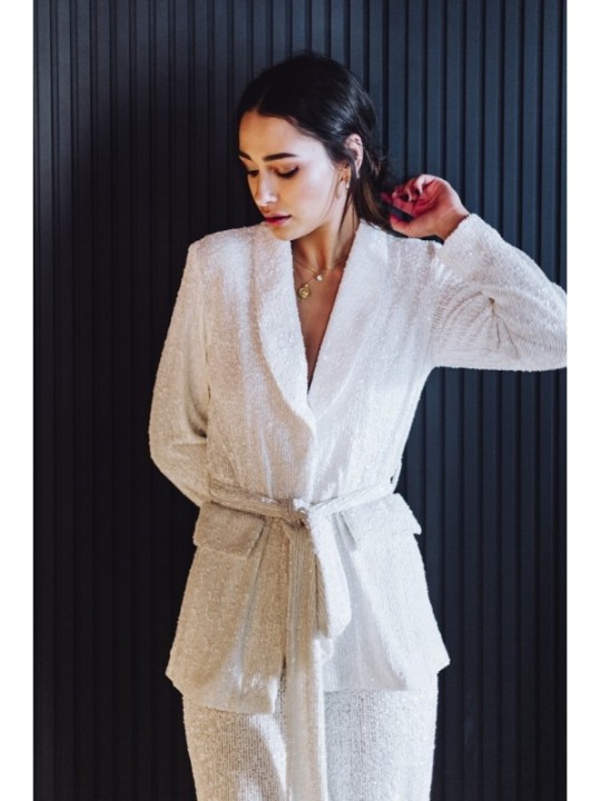Traje chaqueta y pantalon de lentejuelas blanco para fiesta
