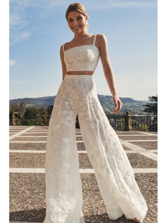 Top corto gasa bordada blanca flores para novias, mama comunion