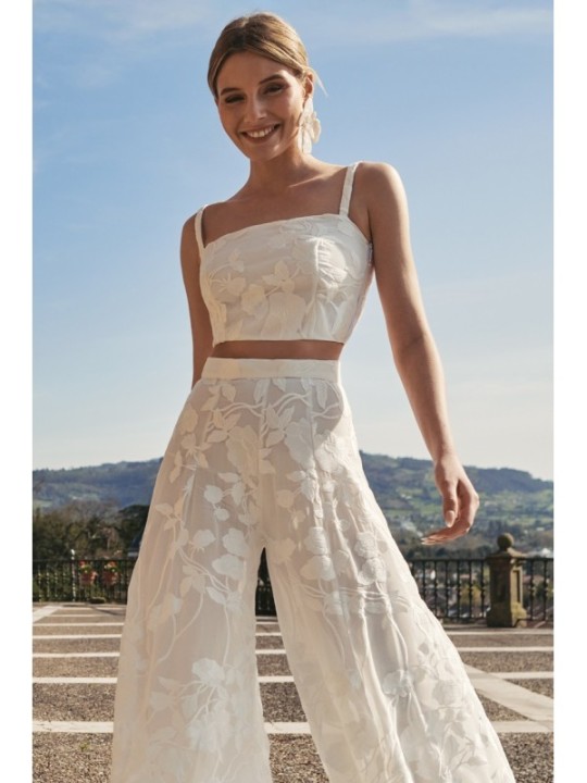 Top corto gasa bordada blanca flores para novias, mama comunion