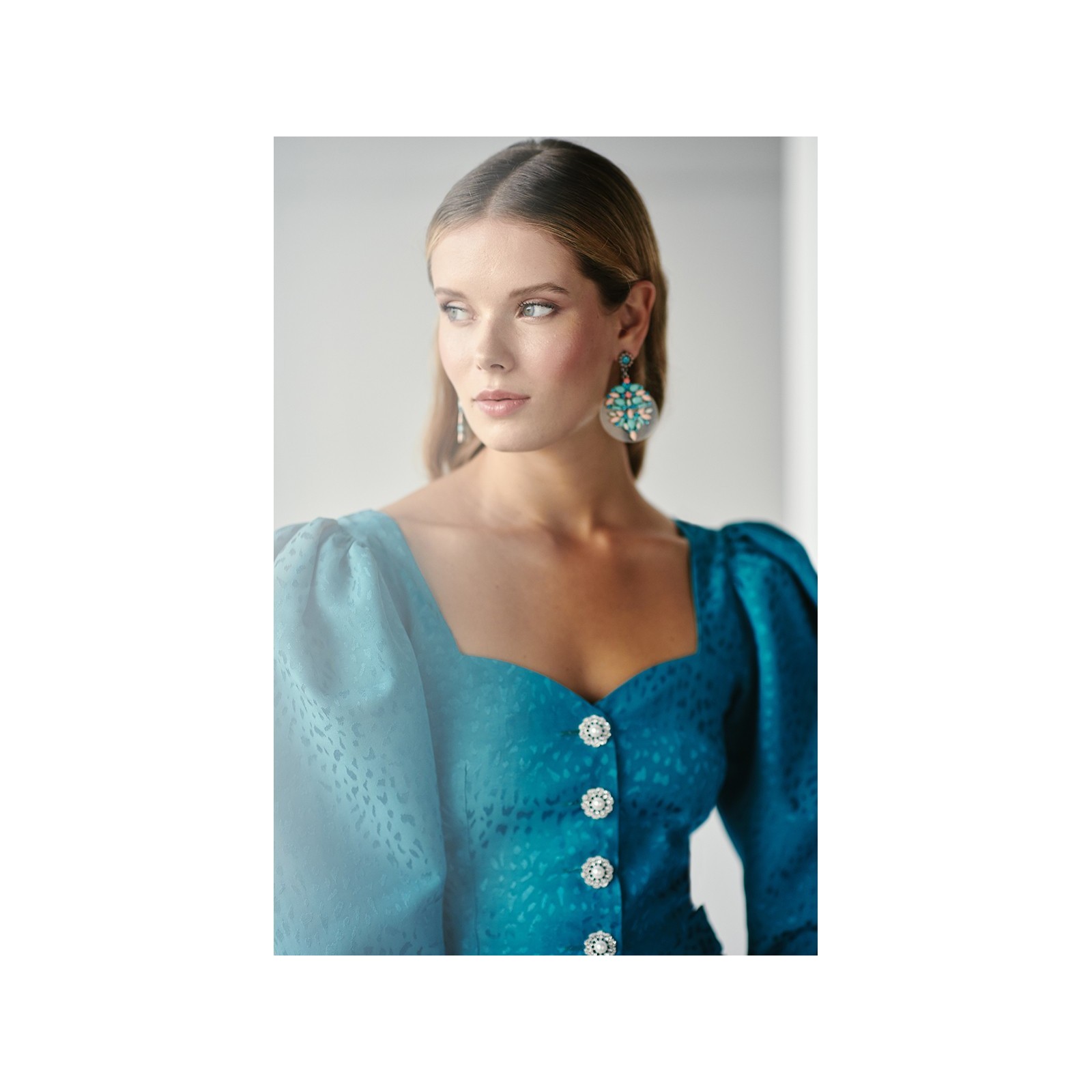 Conjunto de pantalon y top corto jacquard azul con escote corazon