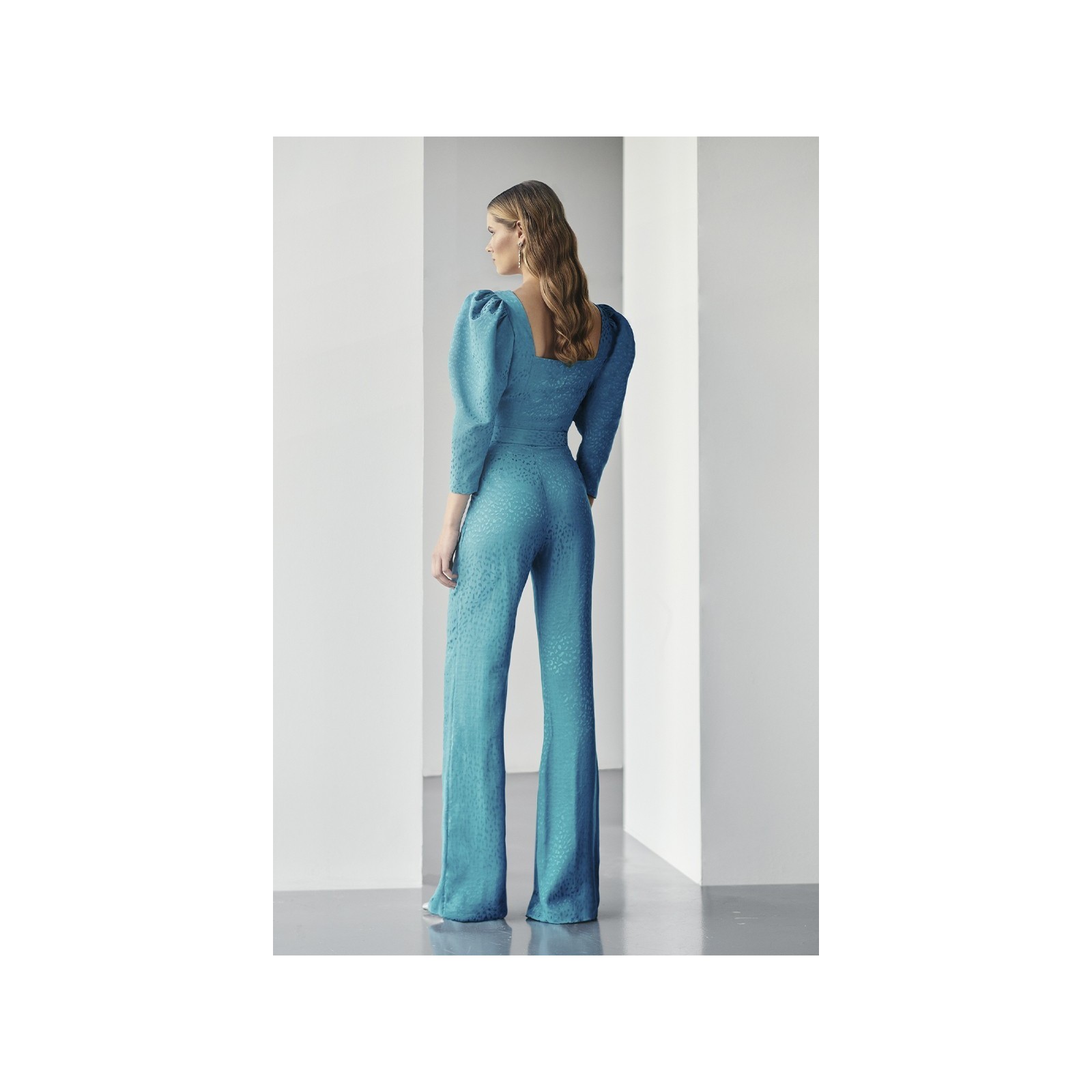 Conjunto de pantalon y top corto jacquard azul con escote corazon