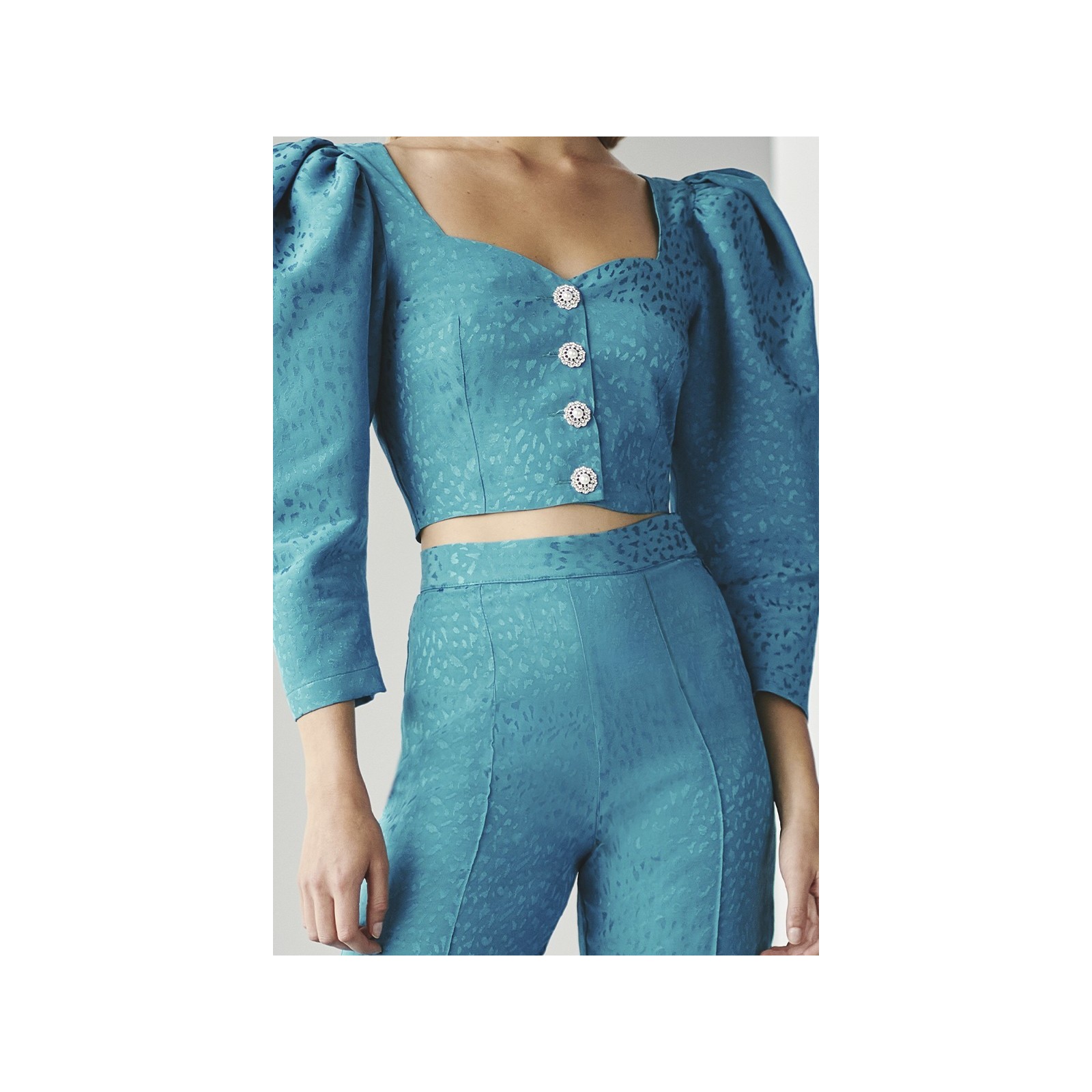 Conjunto de pantalon y top corto jacquard azul con escote corazon