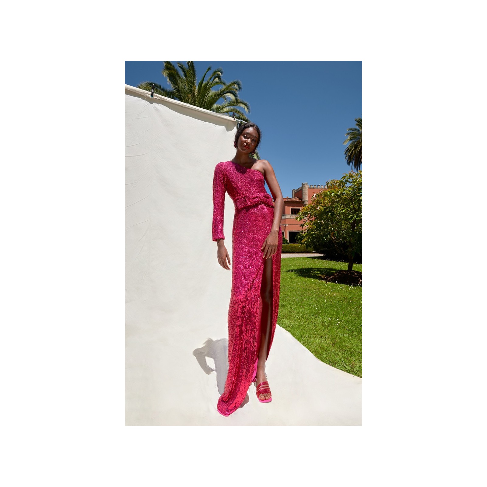 Vestido de fiesta asimetrico largo de lentejuelas rosa fucsia