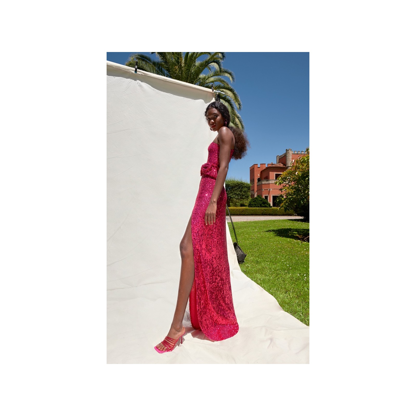 Vestido de fiesta asimetrico largo de lentejuelas rosa fucsia