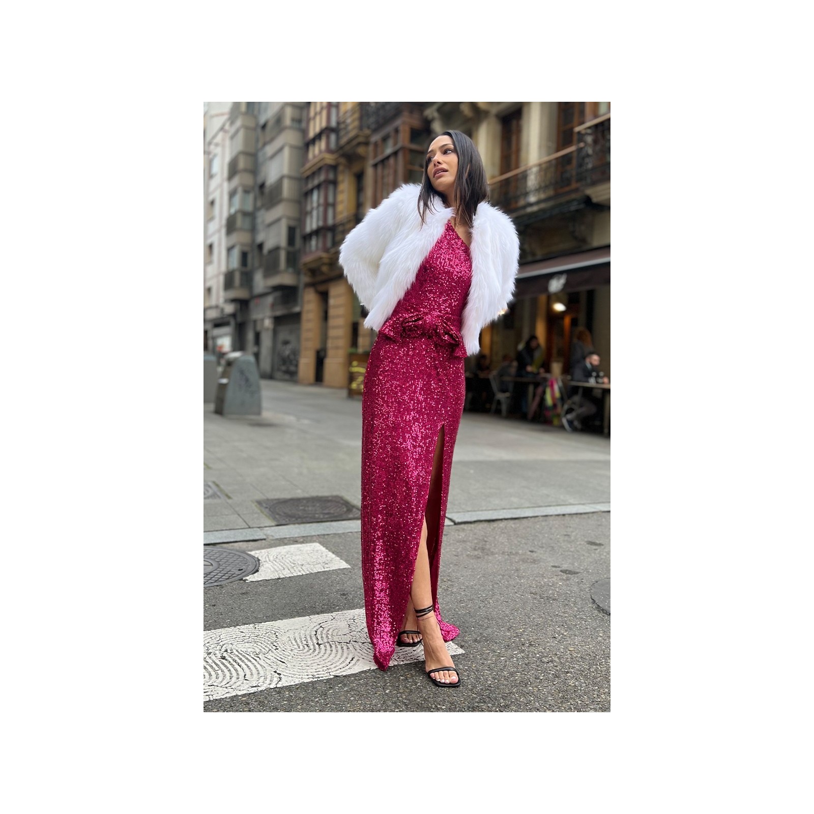 Vestido de fiesta asimetrico largo de lentejuelas rosa fucsia
