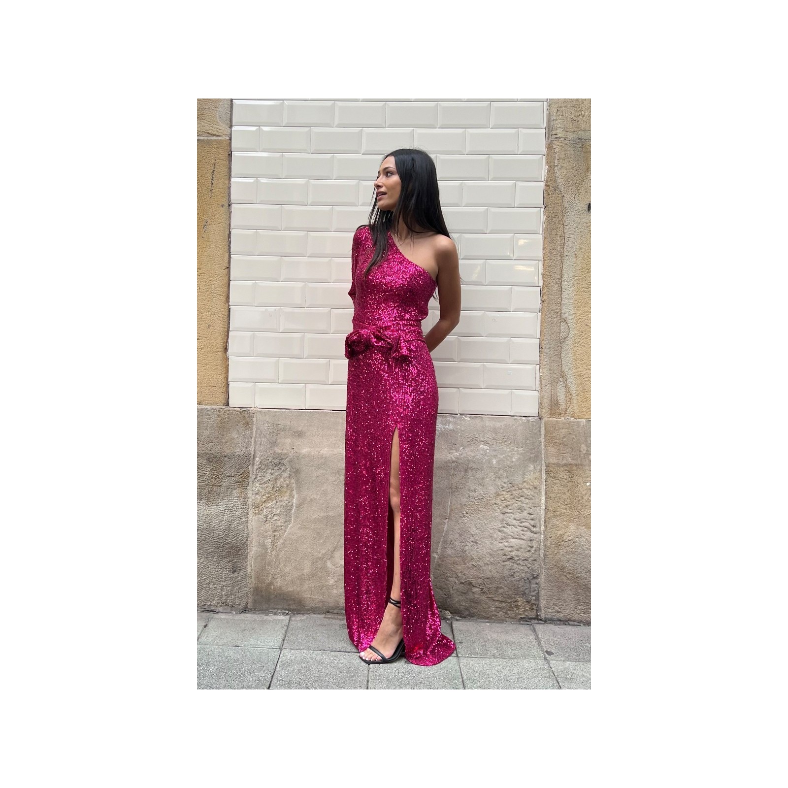 Vestido de fiesta asimetrico largo de lentejuelas rosa fucsia