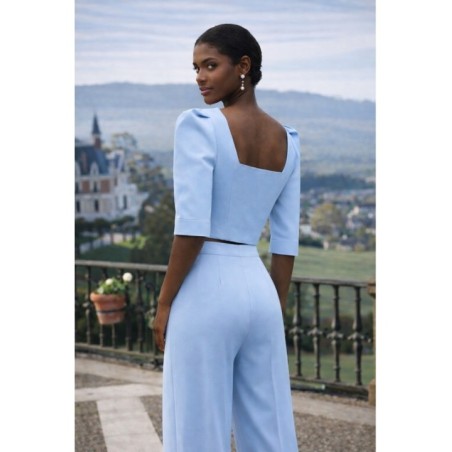 Conjunto de top joya y palazzo de crep azul