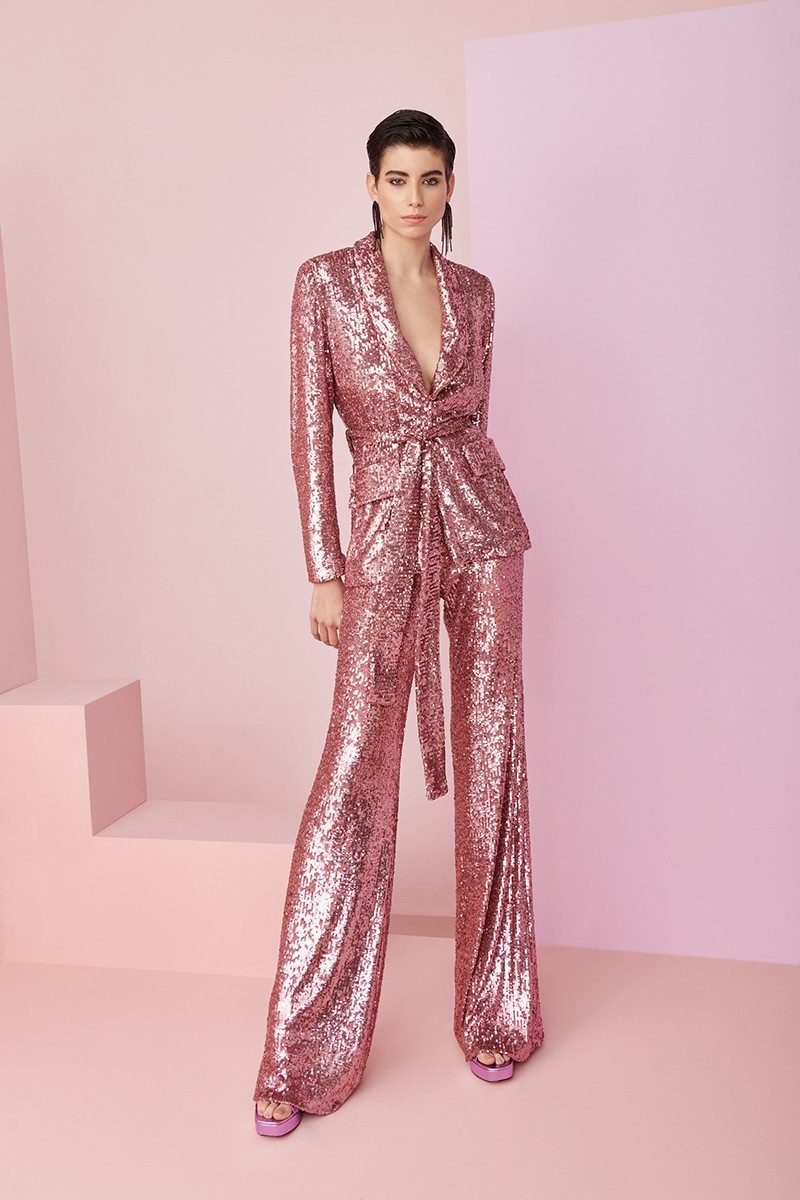 traje de fiesta de lentejuelas rosa empolvado de blazer y pantalon