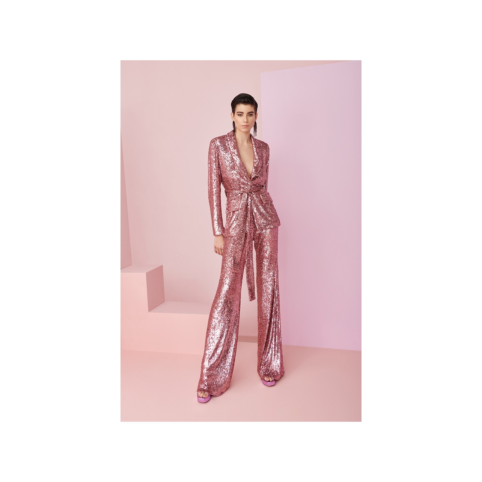 traje de fiesta de lentejuelas rosa empolvado de blazer y pantalon