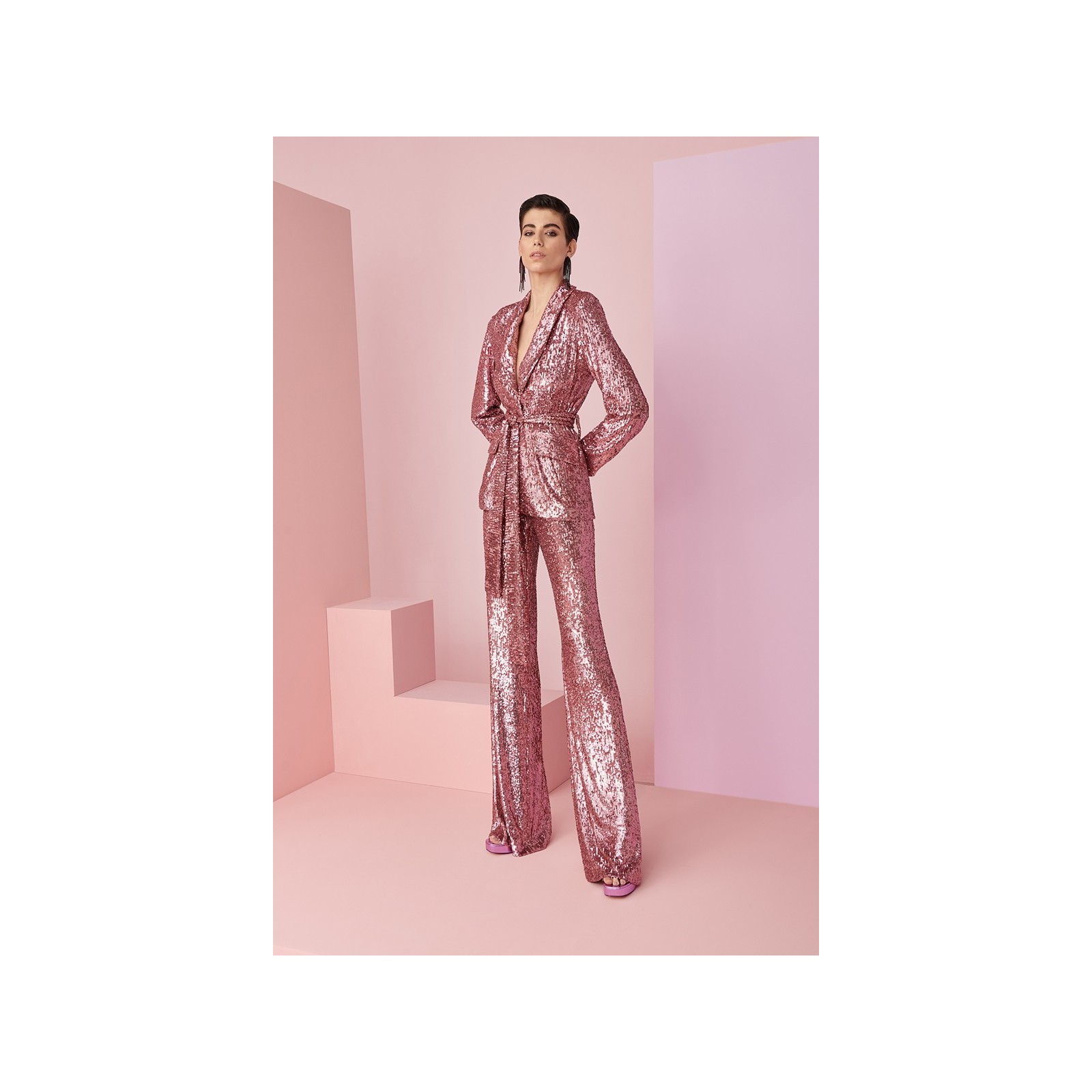 traje de fiesta de lentejuelas rosa empolvado de blazer y pantalon