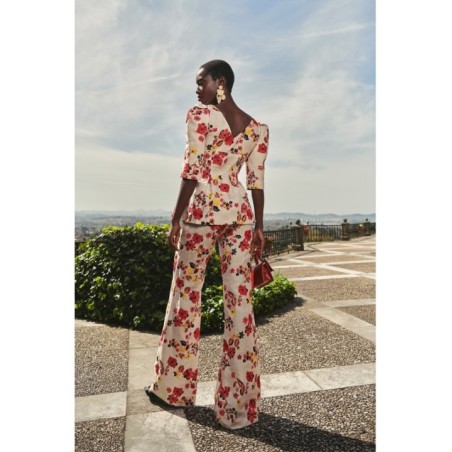 Pantalón Palazzo lino beige bordado flores  para invitada boda