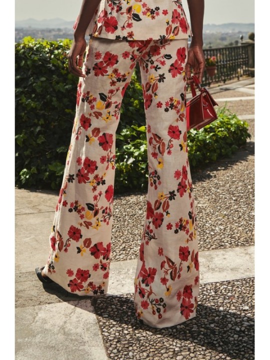 Pantalón Palazzo lino beige bordado flores  para invitada boda